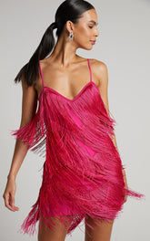Siofra Mini Dress - Zig Zag Fringe Dress in Hot Pink