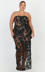 Sienna Maxi Dress - 3D Floral Strapless Column Dress in Black