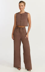 Valencia Two Piece Top and Pants Set - Button Front Vest and High Waisted Pants Set in Mocha