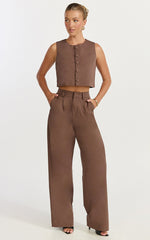 Valencia Two Piece Top and Pants Set - Button Front Vest and High Waisted Pants Set in Mocha