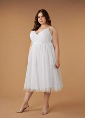 Diamond White A-Line V-Neck Sequins Tulle Dress