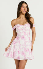 Alkie Mini Dress Off Shoulder Sweetheart Neck Fit & Flare Dress in Print