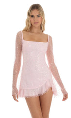 Sequin Long Sleeve Dress in Pink