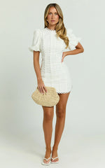 Laila Mini Linen Blend Dress High Neck Side Cut Out Puff Sleeve Straight Dress in Off White