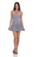 Gingham Strapless Bubble Dress in White and Blue