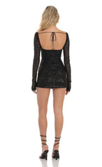 Sequin V-Neck Long Sleeve Dress in Black