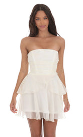 Shimmer Petal Ruffle Strapless Dress in Ivory