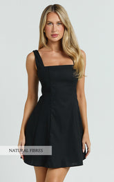 Adiana Mini Dress - Linen Square Neck Shirred Back A Line Dress in Black