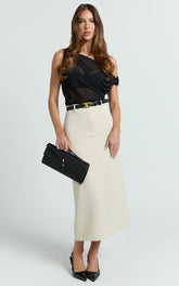 Alanna Midi Skirt - High Waisted Back Split Pencil Skirt in Neutral
