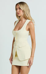 Allora Two Piece Top and Skirt Set - Tailored Vest Top and A Line Mini Skirt Set with Pearl Buttons in Lemon