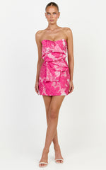 Amalie The Label - Frederika Strapless Ruffle Detail Jacquard Mini Dress in Hot Pink