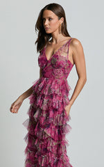 Amalie The Label - Josette Tulle Tiered Maxi Dress in Pink Floral