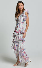 Amalie The Label - Sienah Ruffle Sleeve Tiered Midi Dress in Delhia Floral Print