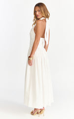 Anya Midi Dress - Halter Neck Ruched Drop Waist Dress in White