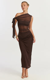 Astrid Midi Dress - Asymmetrical Off Shoulder Tie Detail Dress in Chocolate