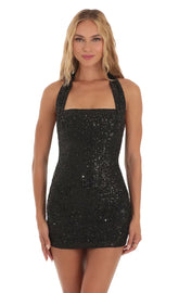 Sequin Striped Halter Dress in Black