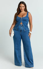 Bellerose Top - Front Zip Denim Fitted Top in Dark Blue Wash