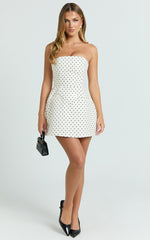 Benson Playsuit - Strapless Fit and Flare Playsuit in White Polka Dot