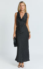 Blanca Midi Dress - Cowl Neck Bias Cut Dress in Black Polka Dot
