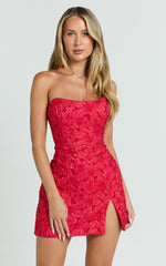 Brailey Mini Dress - Strapless Dress in Red Jacquard
