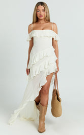 Brigitte Maxi Dress - Halter Off Shoulder Georgette Ruffle Tiered Dress in Cream