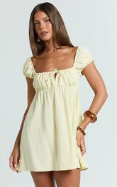 Brooks Mini Dress - Puff Sleeve Front Tie Babydoll Dress in Lemon