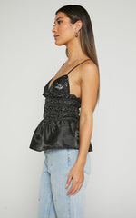 Brunetta Top - Sequin Shirred Peplum Top in Black