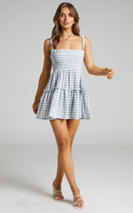 Wilda Mini Dress - Shirred Tiered Dress in Light Blue Gingham