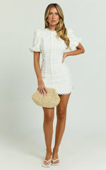 Laila Mini Linen Dress - High Neck Side Cut Out Puff Sleeve Straight Dress in Off White