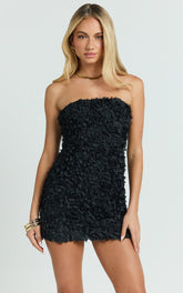 Cassia Mini Dress - Strapless 3D Floral Lace Up Back Dress in Black