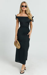 Cincinnati Midi Dress - Off The Shoulder Side Split Column Linen Dress in Black