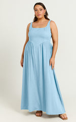 Rhaziya Midi Dress - Sleeveless Straight Neck Fit and Flare Dress in Blue