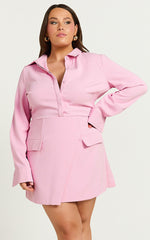 Wanda Mini Dress - Long Sleeve Faux Wrap Dress in Pink