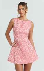 Courtney Mini Dress - Boat Neck Fit and Flare Dress in Pink