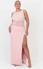 Alberta Maxi Dress - Spliced Sheer Lace Column Dress in Pink