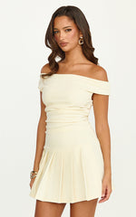 Daisy Mini Dress - Off Shoulder Ruched Pleated Skirt Dress in Cream