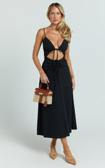 Daphne Midi Dress - Gathered Cut Out A Line Dress in Black