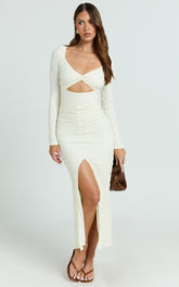 Delaney Midi Dress - Long Sleeve Twist Front Bodycon Dress in Cream