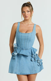 Delia Mini Dress - Denim Fit And Flare Dress in Light Blue Wash