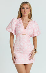 Diana Mini Dress - Jacquard Short Sleeve Cut Out Dress in Light Pink