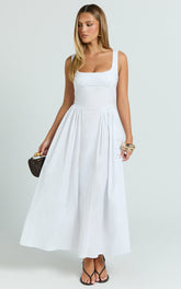 Donatella Midi Dress - Ruched Bust Fit And Flare Dress in White