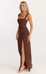 Donna Maxi Dress - Cowl Neck Column High Split Dress in Chocolate