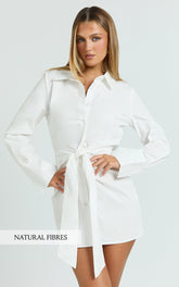 Duncan Mini Dress - Long Sleeve Tie Waist Shirt Dress in White