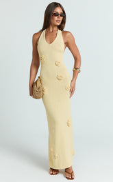 Elodie Maxi Dress - Halter 3D Floral Knit Dress in Lemon