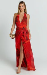 Eva Maxi Dress - Plunge Halter Wrap Dress in Abstract Adeana Print