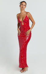 Finn Maxi Dress - Plunge Neck Sheer Sequin Slip Dress in Red