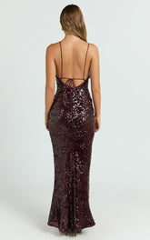 Finn Maxi Dress - Plunge Neck Sheer Sequin Slip Dress in Wine