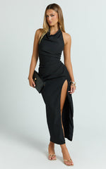 Finn Midi Dress - Folded Cowl Halter With Front Leg Split in Black