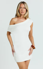 Fiona Mini Dress - Off Shoulder Relaxed Knit Dress in Off White