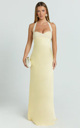 Flynn Maxi Dress - Satin Halter Sweetheart Neck Dress in Butter Yellow